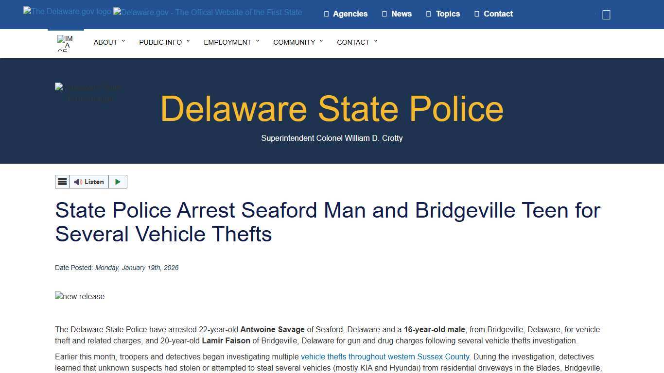 State Police Arrest Seaford Man and Bridgeville Teen for Several Vehicle Thefts - Delaware State Police - State of Delaware